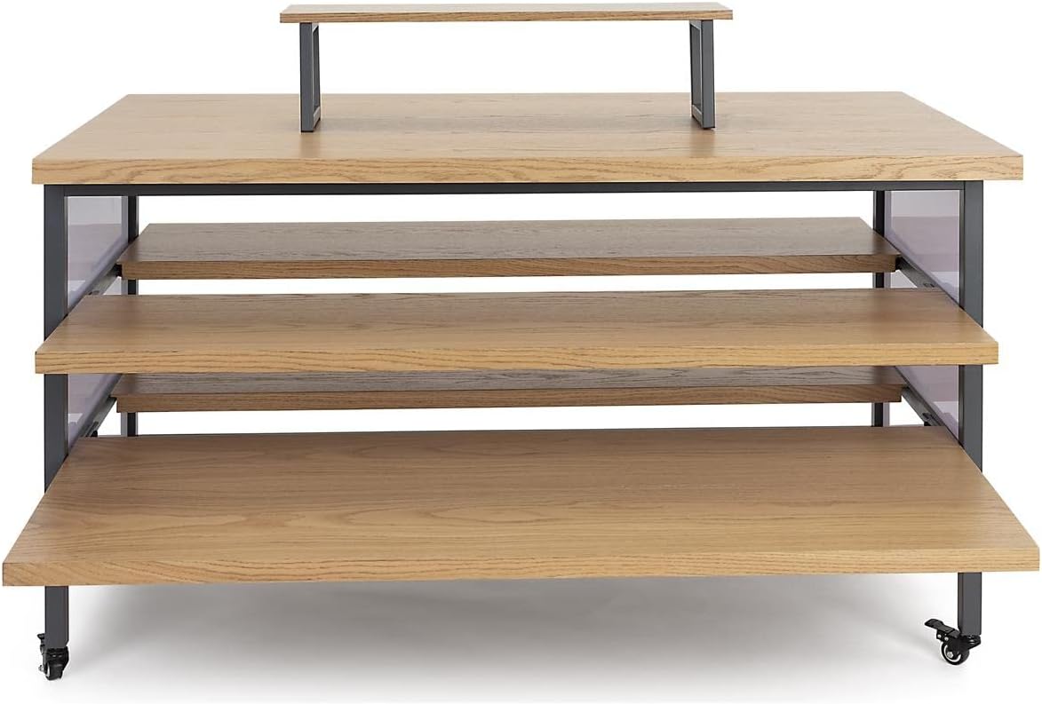 Displays2go Tiered Retail Display Table w/Wheels and Removable Top Riser - Natural Wood (SM3TWDR)