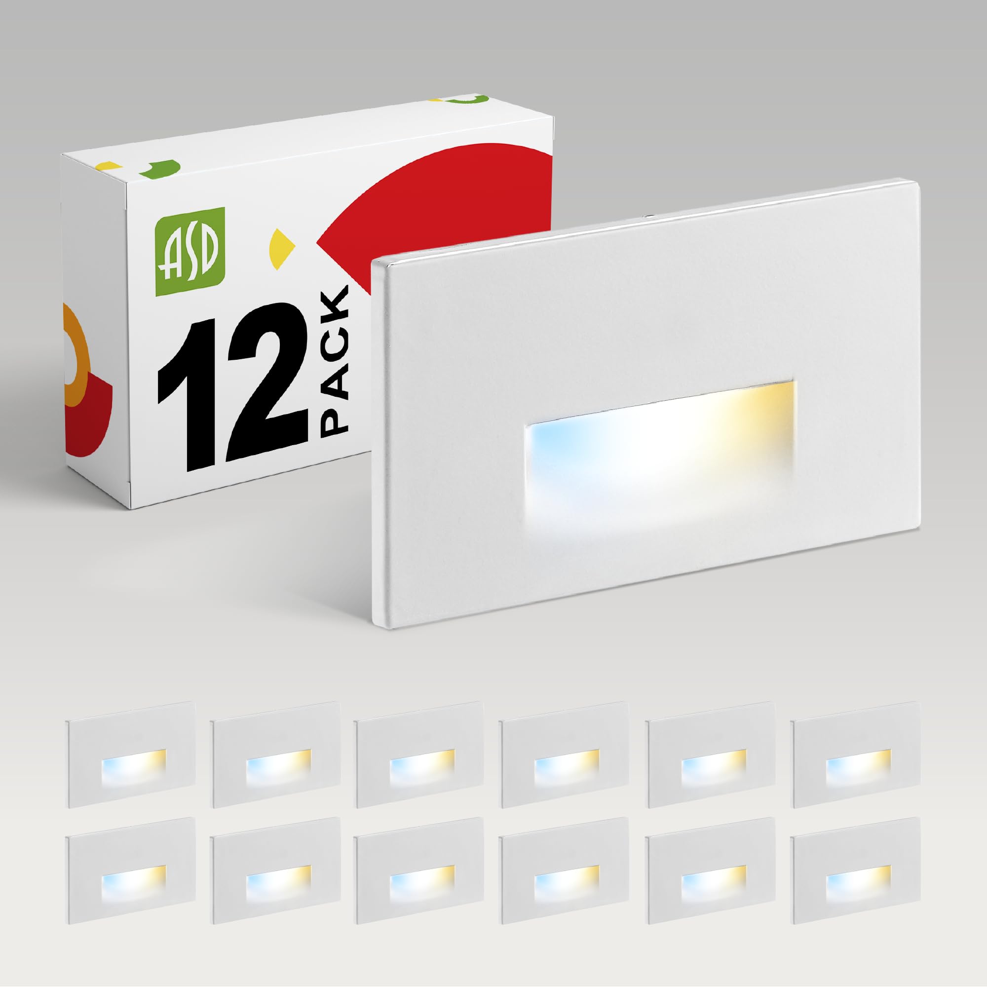 ASD LED Recessed Step Light Fixture, Outdoor &amp; Indoor Stair Tread Lighting | 3CCT, Dimmable, Waterproof, ETL Listed | 3W 120LM 3000K-5000K 120V | Staircase Hardwired Illumination | White, 12 Pack