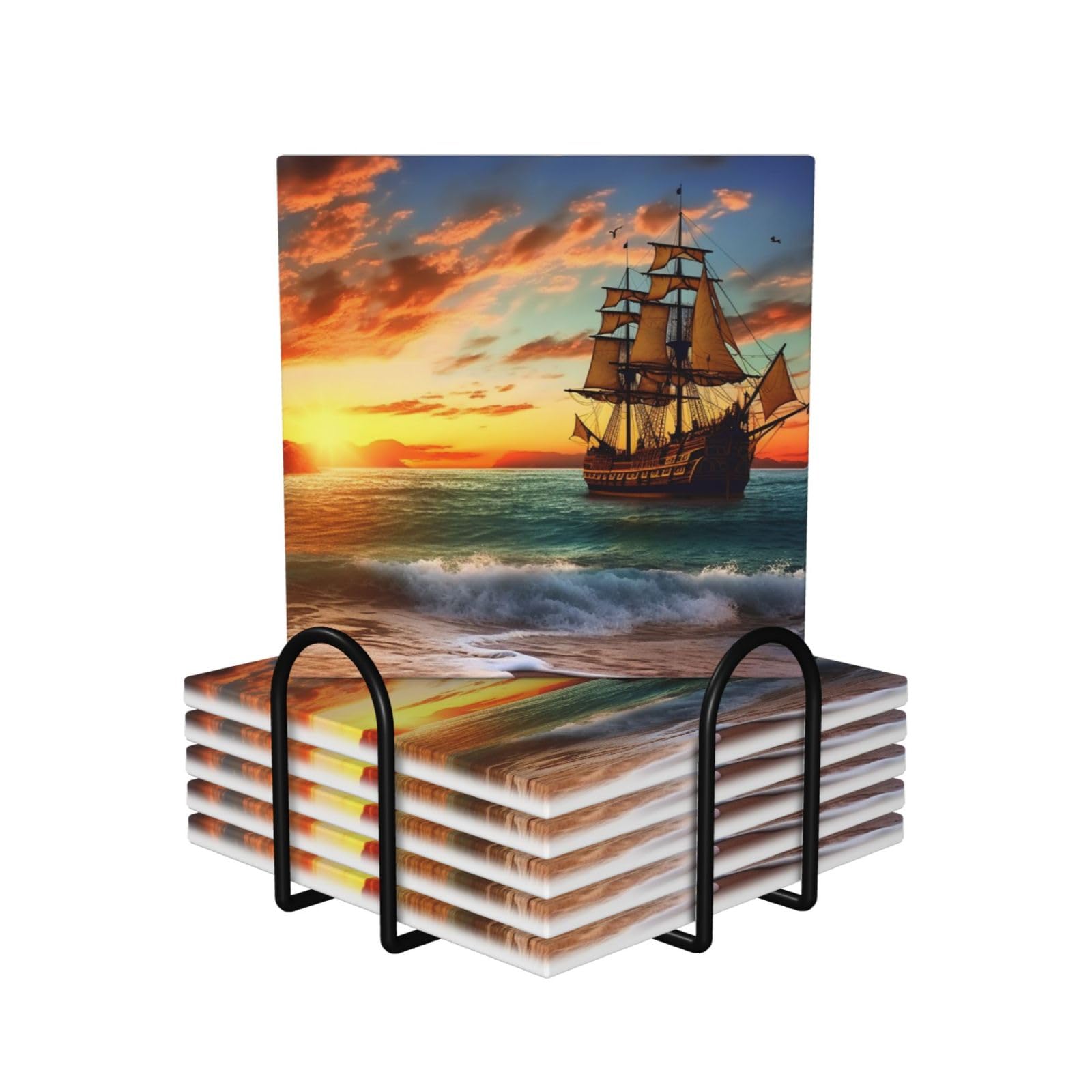 6Pcs Ceramics Coaster for Drinks, Pirate Ship in the Sunset Cup Coasters with Holder, Aesthetic Drink Coasters for Coffee Table, Absorbent Round Coaster for Tabletop Protection 4" Cup Mat Pad