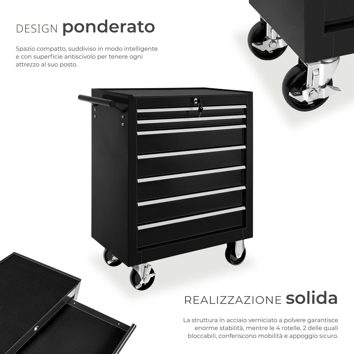 tectake® Carrello Portautensili, Carrello, Porta Attrezzi Officina con Ruote, 7 Cassetti, Carrello Porta Attrezzi, Attrezzatura Officina, Attrezzi da Lavoro - Nero