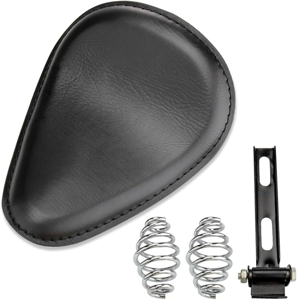 Leather Motorcycle Solo Seat Black Spring Bracket Kit Hard Bottom Compatible with Harley Honda Yamaha Kawasaki Suzuki Cafe Racer Bobber Chopper Custom Application (Black)