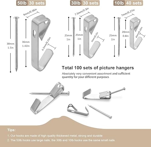 Miniatura 2 de Hoeine Juego de 200 ganchos para colgar fotos, 3 tamaños, incluye ganchos para colgar cuadros de 10 libras, 30 libras, 50 libras, ganchos