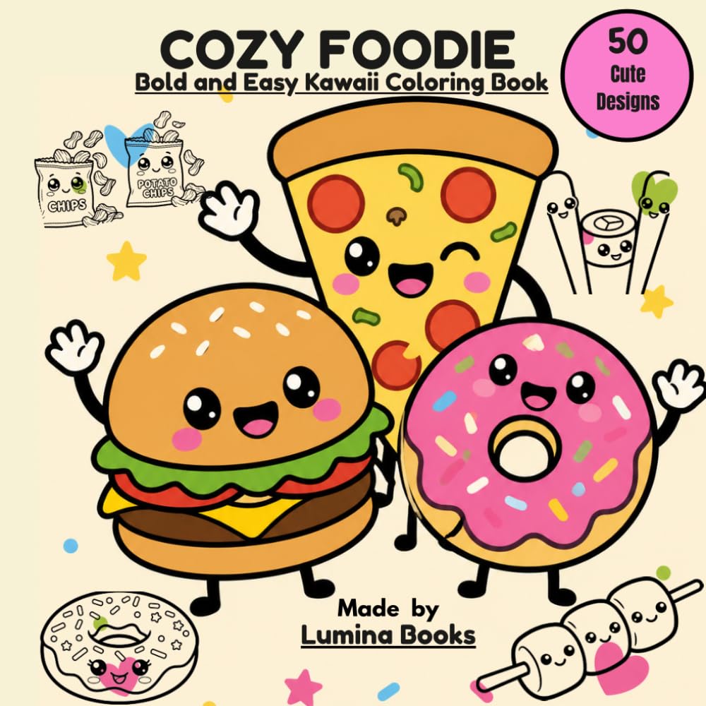 Cozy Foodie: Bold and Easy Kawaii Coloring Book: 50 Simple and Cute Designs for Stress Relief and Relaxation