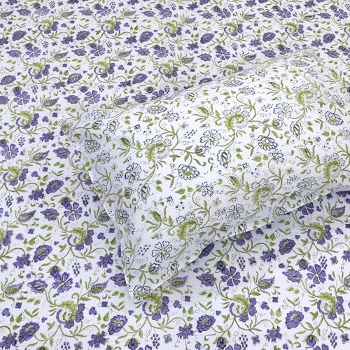 Image of TOAI Hand Block Printed Bedsheet | Bed Sheet Flatsheet | Pure Cotton | Double Bed King Size 108 inchx108 inch | 300 TC Bedsheets | Includes 2 Pillow Covers (Purple Green Floral Spread)