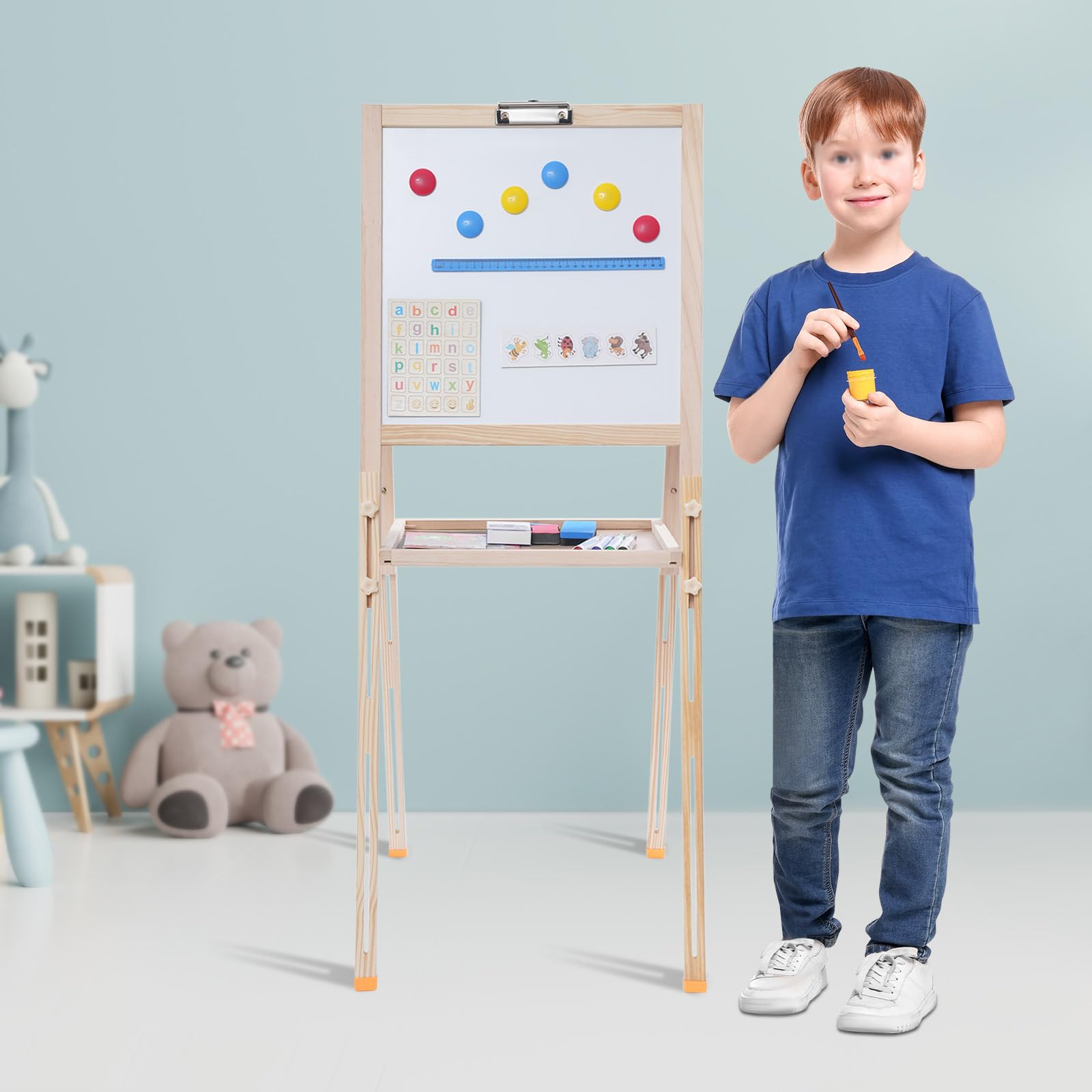 Standtafel Kinder Kindertafel aus Holz Höhenverstellbar Kinder Spiel-Tafel aus Holz Kinder Staffelei Doppelseitige Whiteboard und Kreidetafel