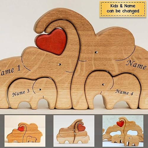 Miniatura 2 de Rompecabezas de madera personalizado para familia de elefantes, regalo para la familia, texto artístico personalizado con 1-8 nombres de familia,