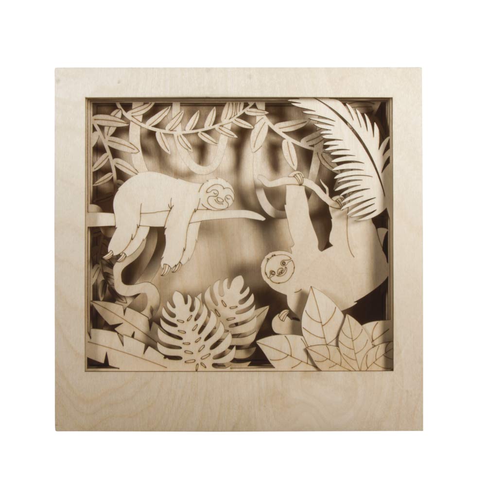 Rayher Shadow Box Building Kit with Sloth Design, 3D Scenery, DIY Wood Craft Set, 11 slot-together Pieces, FSC certified product, 24x24x6.5cm, 62875505