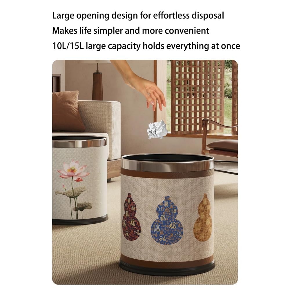 Trash Can for Bathroom, Decorative Metal Wastebasket with Removable Stainless Steel Ring, Open Top, for Living Room, Bedroom, Office, Hotel(10L)