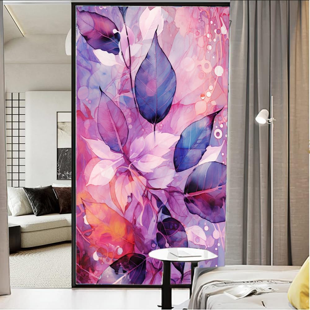 Abstract Fantasy Leaves Window Privacy Film Sticker Watercolor Modern Leaf Frosted Window Film Stained Glass Adhesive Coverings for Bathroom Living Room 23.6Wx35.4L inch