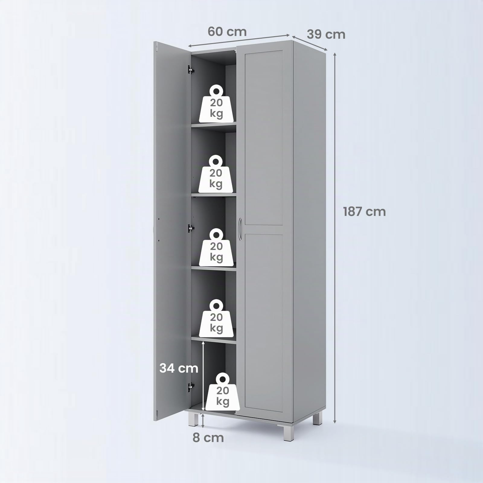 COSTWAY Armoire de Rangement 187 cm, Armoire Chambre 2 Portes, Étagère Réglable, Pieds en Métal, Dispositif Anti-Basculement, Meuble Rangement pour Cuisine, Dressing, Vêtement, 60x39x187cm (Gris)