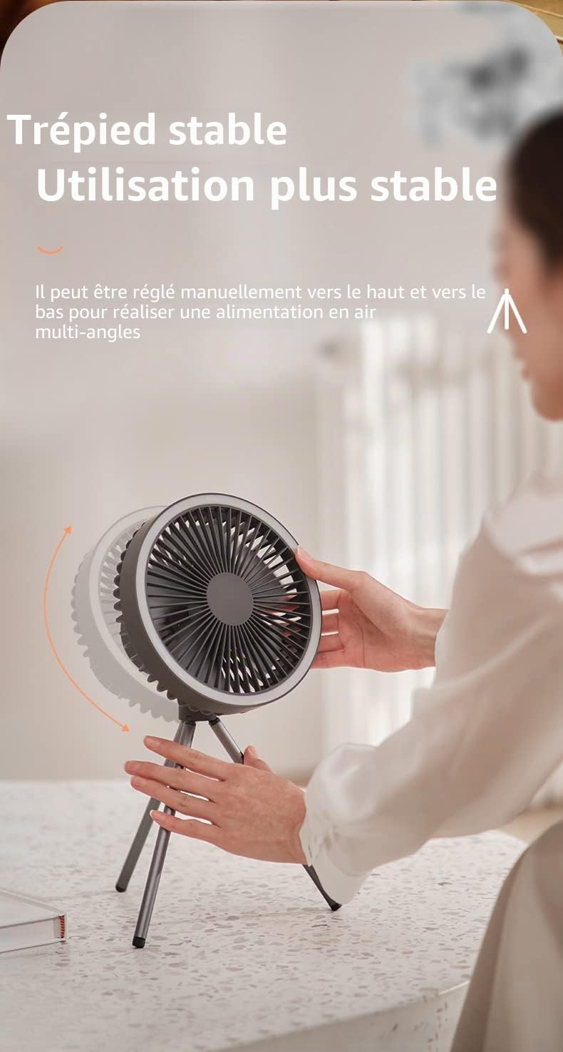 Fay Bless Ventilateur de tente avec trépied, ventilateur de bureau avec lumière, 18 x 18 cm, 560 g, 10 000 mAh, temps de travail 27 h (gris)