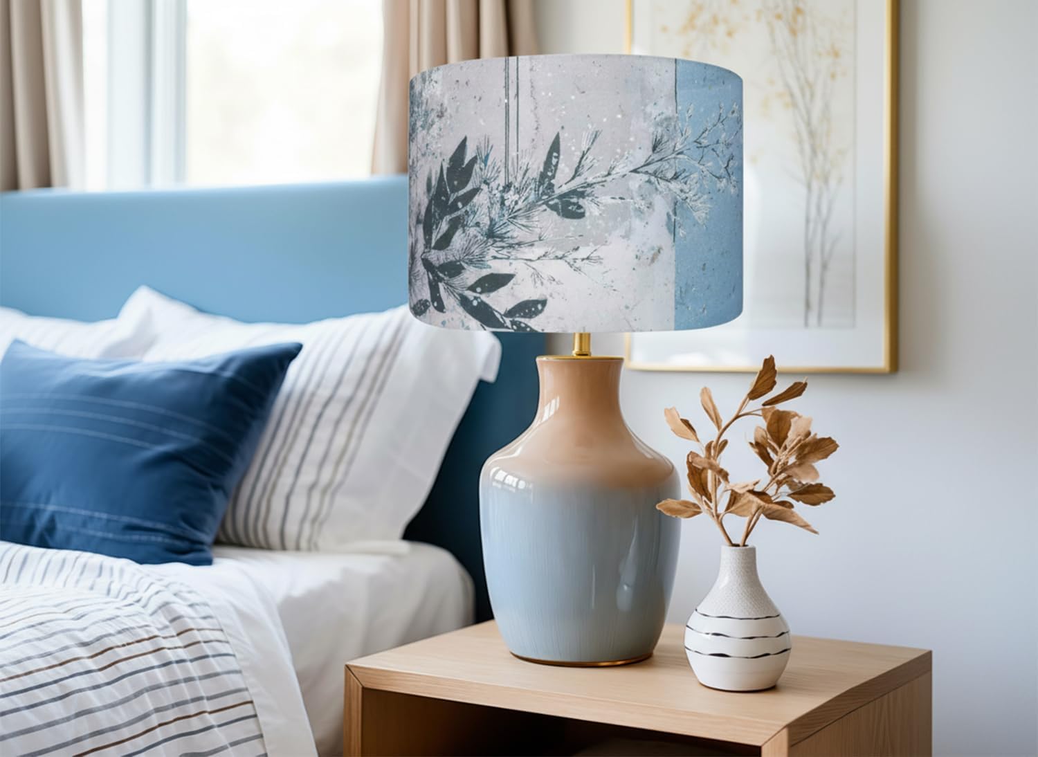 Winter Scenery Decorative Drum Lampshade Polyester fibre material Blue and white snow scene pattern Diameter 13 inches × Height 10 inches Set of two (winter floral)