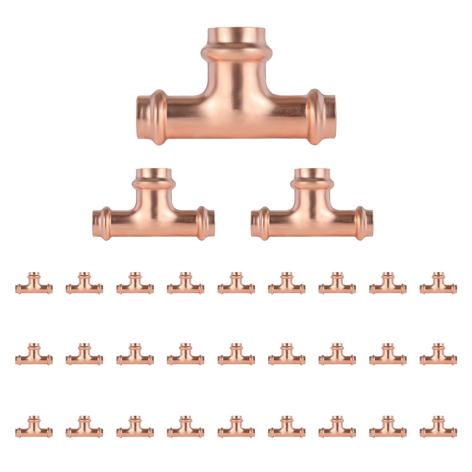 Paquete de 30 conectores en T reductores de cobre GUOFIS, 1" P x 1" P x 1-1/4", conector en T reductor de presión para plomería, conector de tres vías para derivación de transición de tamaño de tube