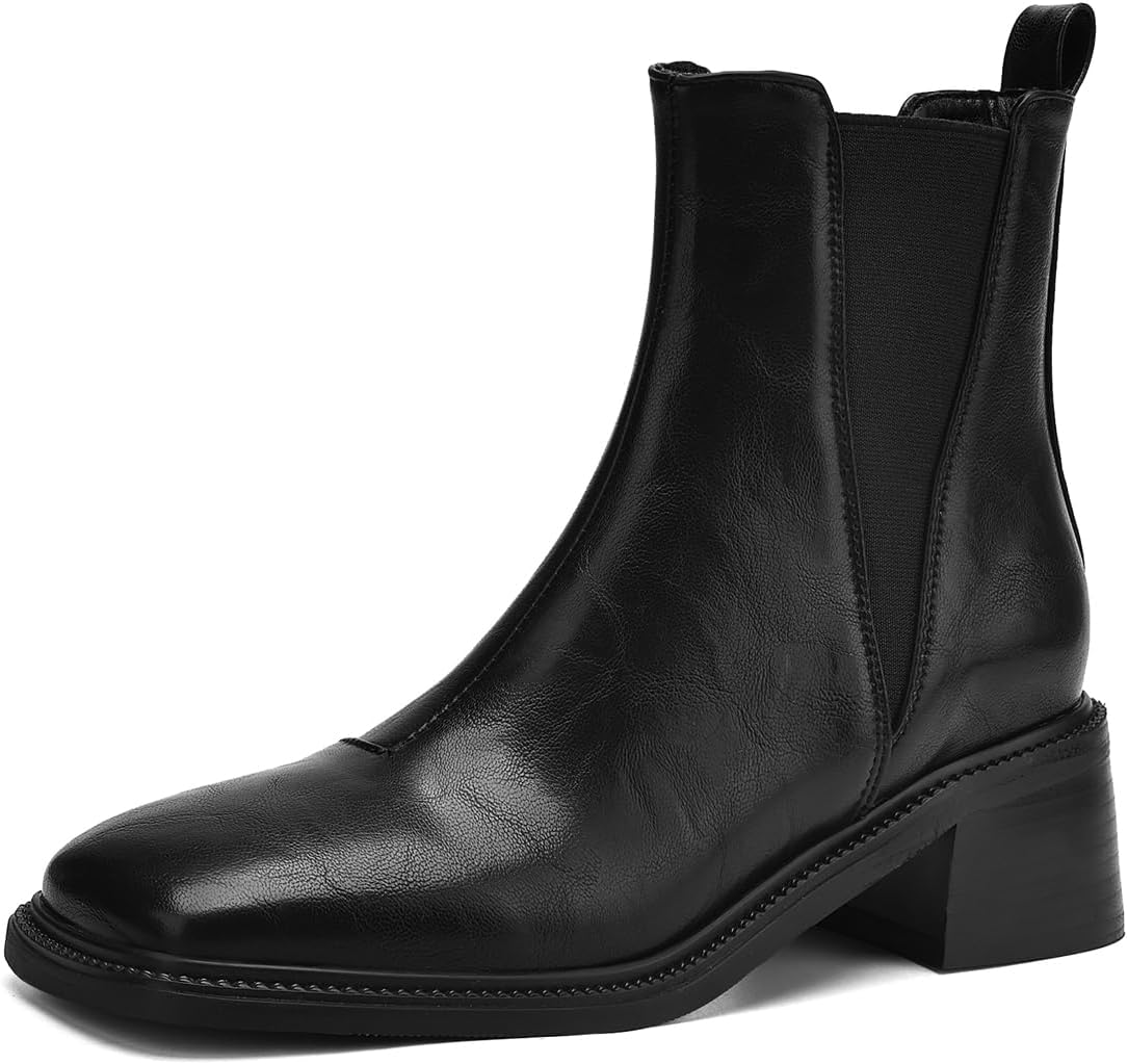 Western Chelsea Ankle Boots For Womens Square Toe Elastic Chunky Low Heels Retro Dressy Short Booties