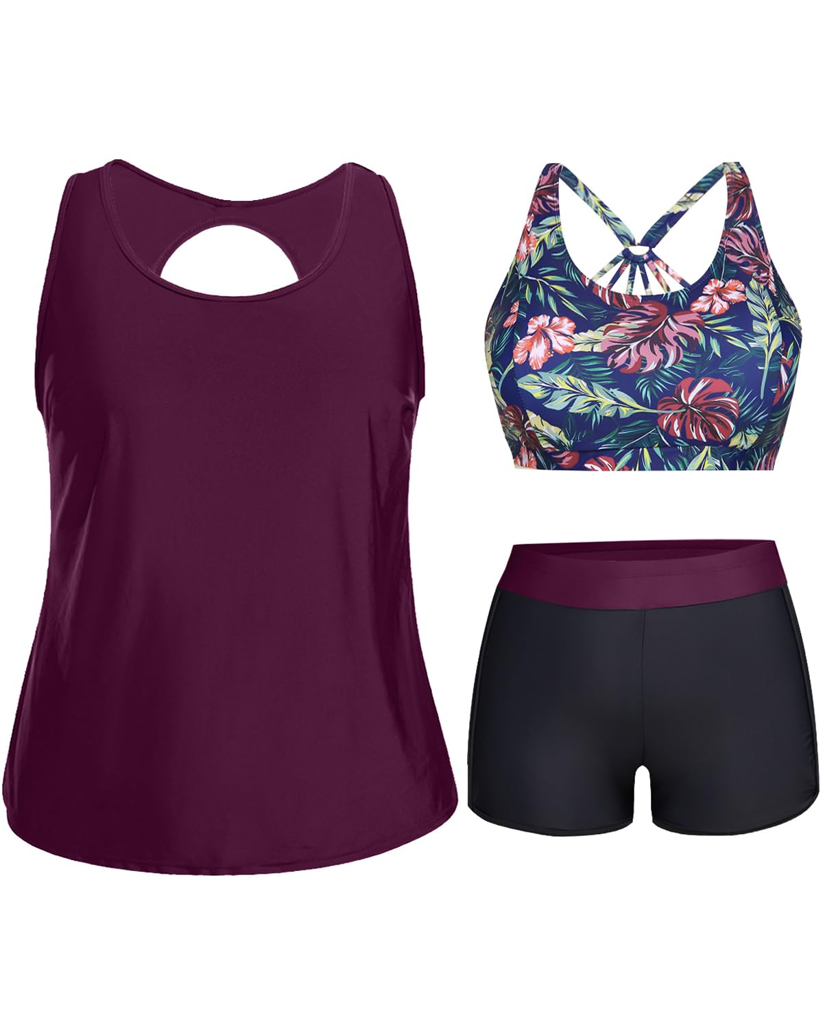 Holipick Women Plus Size 3 Piece Tankini Swimsuits Athletic Bathing Suits with Shorts