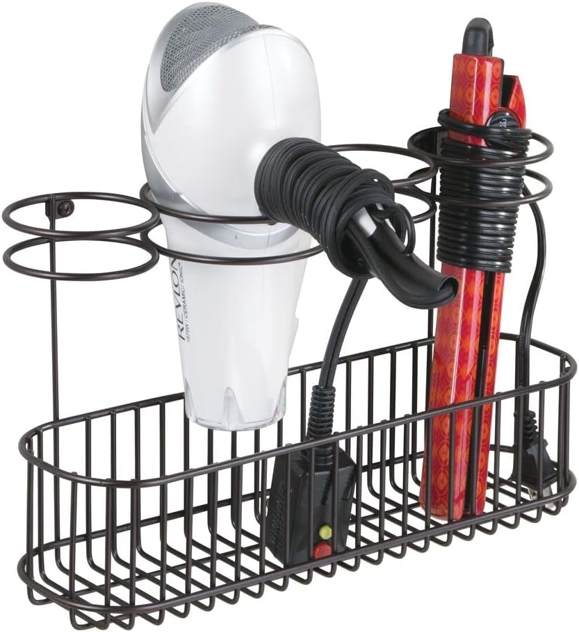 mDesign Metal Wire Cabinet/Wall Mount Hair Care & Styling Tool Organizer - Bathroom Storage Basket for Hair Dryer, Flat Iron, Curling Wand, Hair Straightener, Brushes - Holds Hot Tools - Bronze