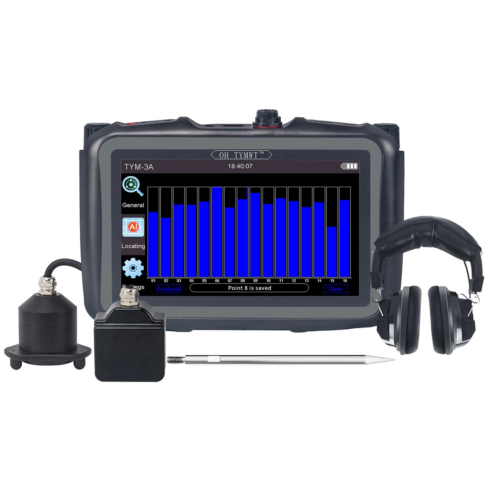 Détecteur de Fuite d'eau Professionnel, capteur géophone de Fuite de tuyaux souterrains avec Casque et Analyse des Vibrations, Outil de plomberie précis pour l'inspection des canalisations