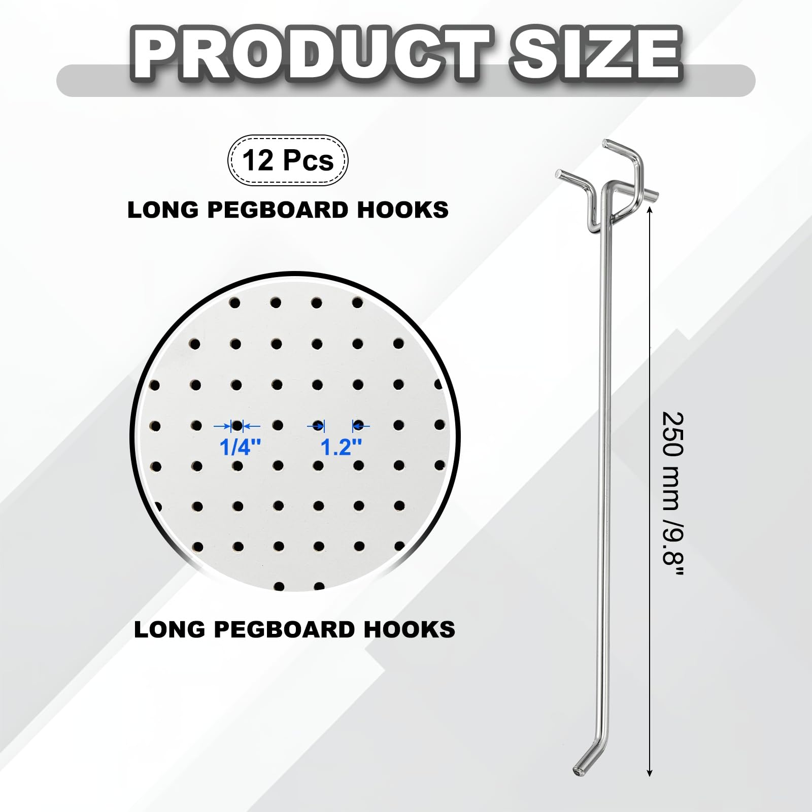 QUARKZMAN 12 Pc Ganci Per Pannello Forato 25 Cm 9.8 Pollici Kit Ganci Per Pannello Forato Adatto A Pannelli Forati 1/5" Per Garage Per Appendere Scaffalature Argento (Diametro Foro 1.2 Mm)