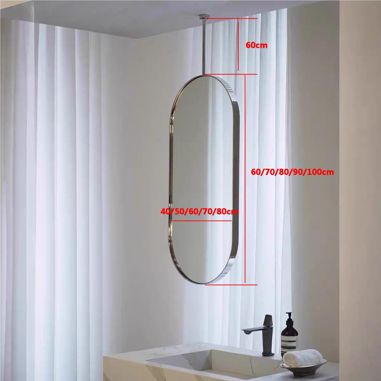 Espejo suspendido de Techo Ovalado, Espejo de baño de Pasillo suspendido montado en la Pared, Acero Inoxidable Cepillado, Espejo de Maquillaje de tocador for Entrada de Hotel(50x70cm)
