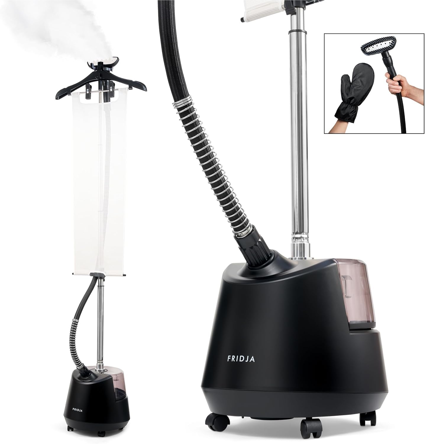 Fridja F1200 - Plancha de Vapor Vertical con Cepillo de Vapor de alta eficacia, depósito de 3 litros, Vaporizador de 2 modos, barra extensible, Centro de Planchado para todos los tejidos, color negro