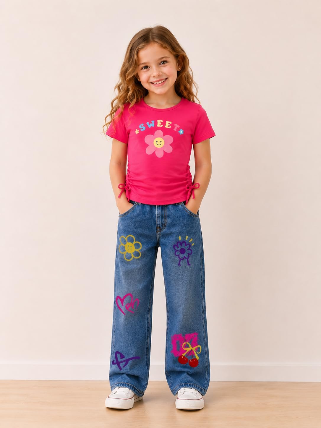 Toddler Kids Girls Clothes Short Sleeve Top + Straight Leg Jeans 2PCS Summer & Fall Casual Outfits Set for Size 4-8T