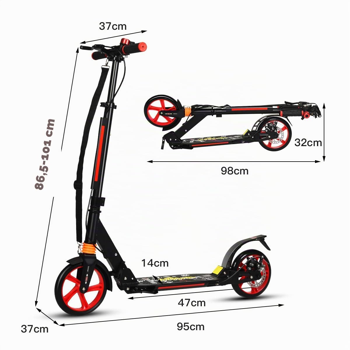 COSTWAY Scooter Patinete Plegable Manillar Regulable en 3 Posiciones Carga hasta 100kg para Niños Mayores de 8 Años y Adultos (Negro)