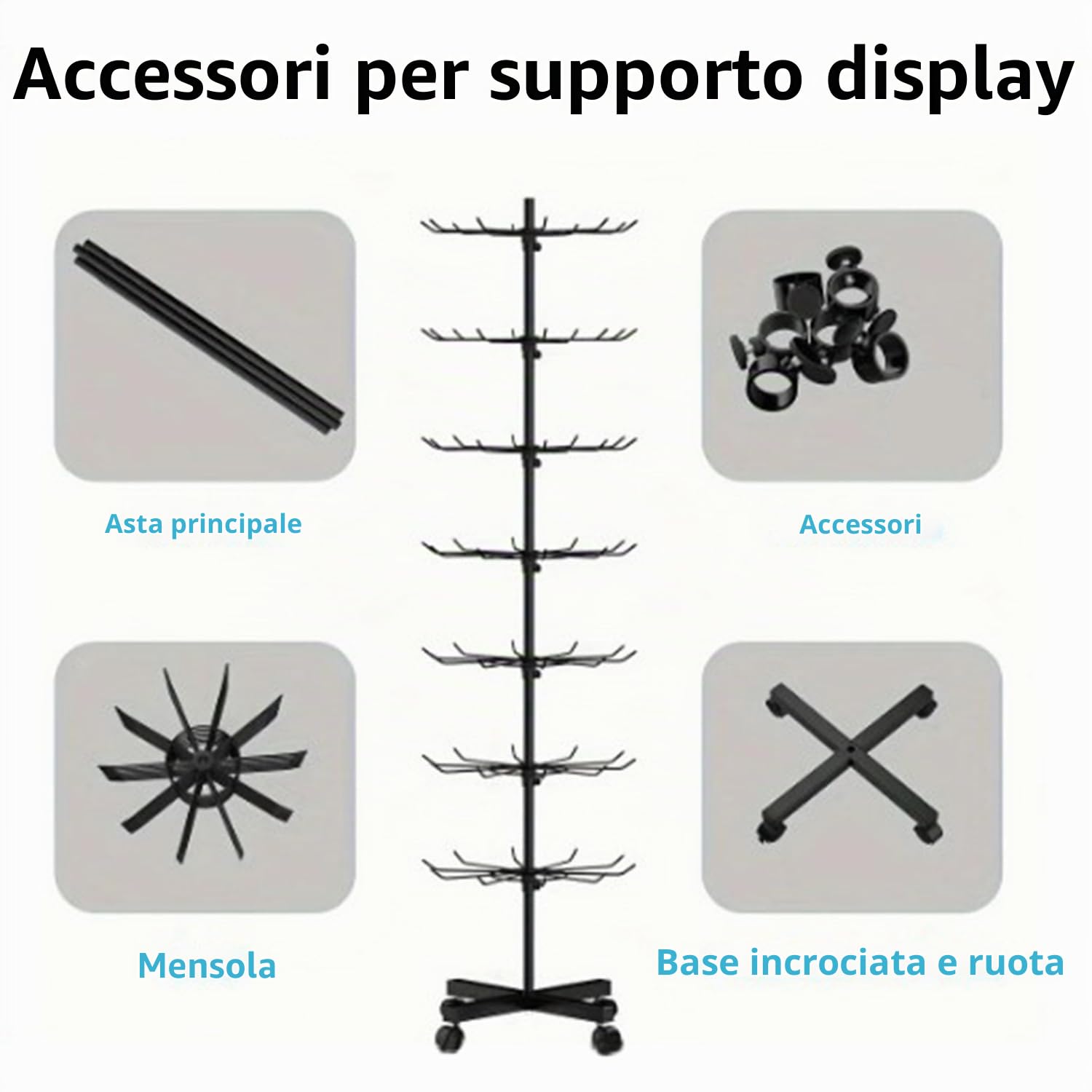 Espositore Girevole Per Articoli,Espositori Con Ganci Per Negozio In Metallo,7 Livelli Scaffale Calzini Negozi Con Ruote Da Terra Per Metallo Portachiavi Palline Schedine Biglietti Auguri,Ecc.(Nero)