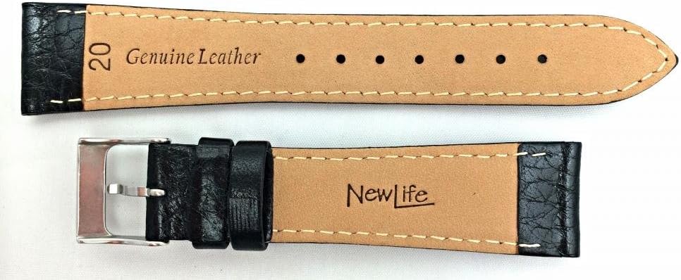 NewLife 20mm Black Genuine Leather Watchband | Vegetable Grain, Lightly Padded Replacement Wrist Watchstrap that brings to Any Watch (Mens Standard Length)