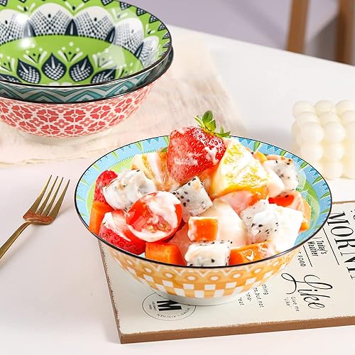 Miniatura 5 de Juego de 3 tazones de sopa de porcelana para ramen, juego de 3 cuencos de fideos para cocina, 35 onzas y 8 pulgadas, coloridos cuencos de cerámica