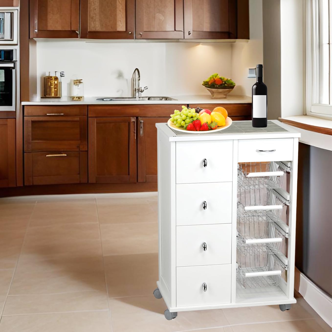 Carrello Cassettiera Multiuso - 5 Cassetti, 4 Cestelli in Metallo, Struttura in Legno Faggio, Piano Mattonelle in Ceramica, Ruote in Plastica Gommata, Made in Italy - 85x59x39 cm (Bianco)