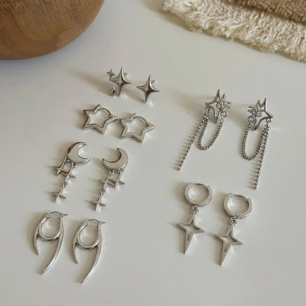 Y2k Star Earrings For Women Men Silver Goth Gothic Grunge Spike Emo Punk Tassel Chain Drop Stud Retro Hypoallergenic Earrings 6 Pairs