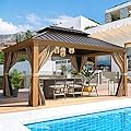 EROMMY 12' x 14' Gazebo, Wooden Finish Coated Aluminum Frame Canopy with Double Galvanized Steel Hardtop Roof, Outdoor Permanent Metal Pavilion with Curtains and Nettings for Patio, Backyard and Deck
