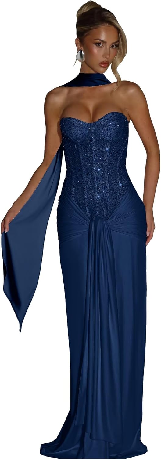 Mermaid Prom Dresses for Women 2026 Sequin Beaded Corset Long Party Maxi Dress with Scarf Formal Evening Gown