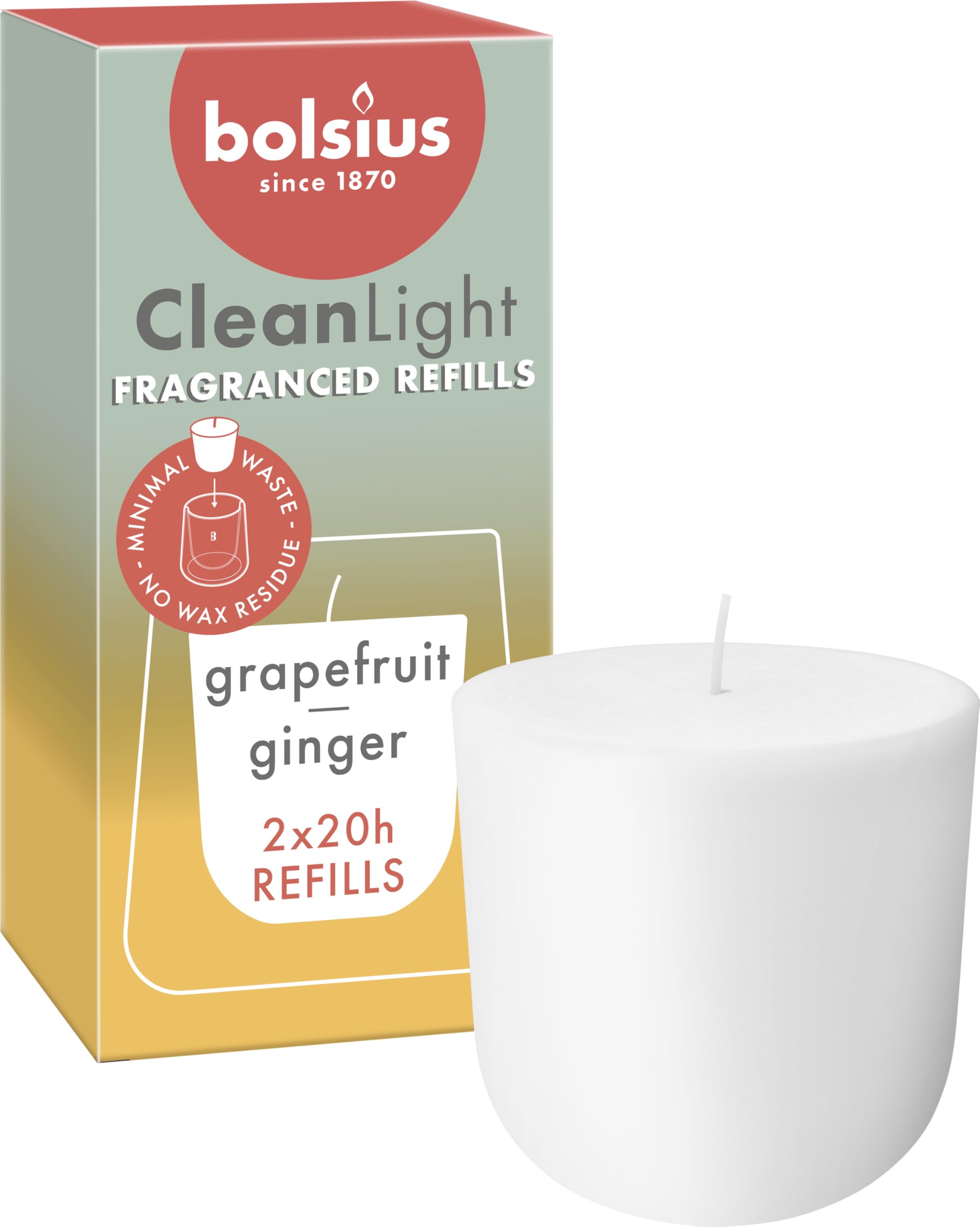 Bolsius – CleanLight Refill – Refillable Scented Candle – Grapefruit & Ginger – Refills Only – 2 pcs – 20-Hour Burn Time – Contains Natural Plant-Based Wax – Sustainable Concept