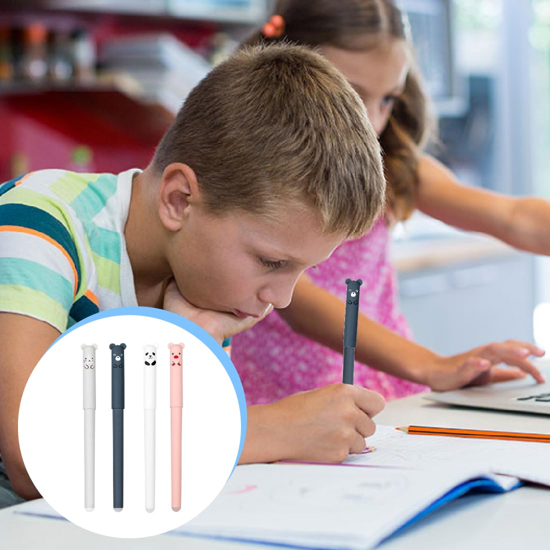 Set Di 8 Penne Gel Cancellabili Con Design Animali Carini + 24 Ricariche - Punta Fine 0,35 Mm Con Gommino - Per Scuola, Ufficio E Disegno - 4