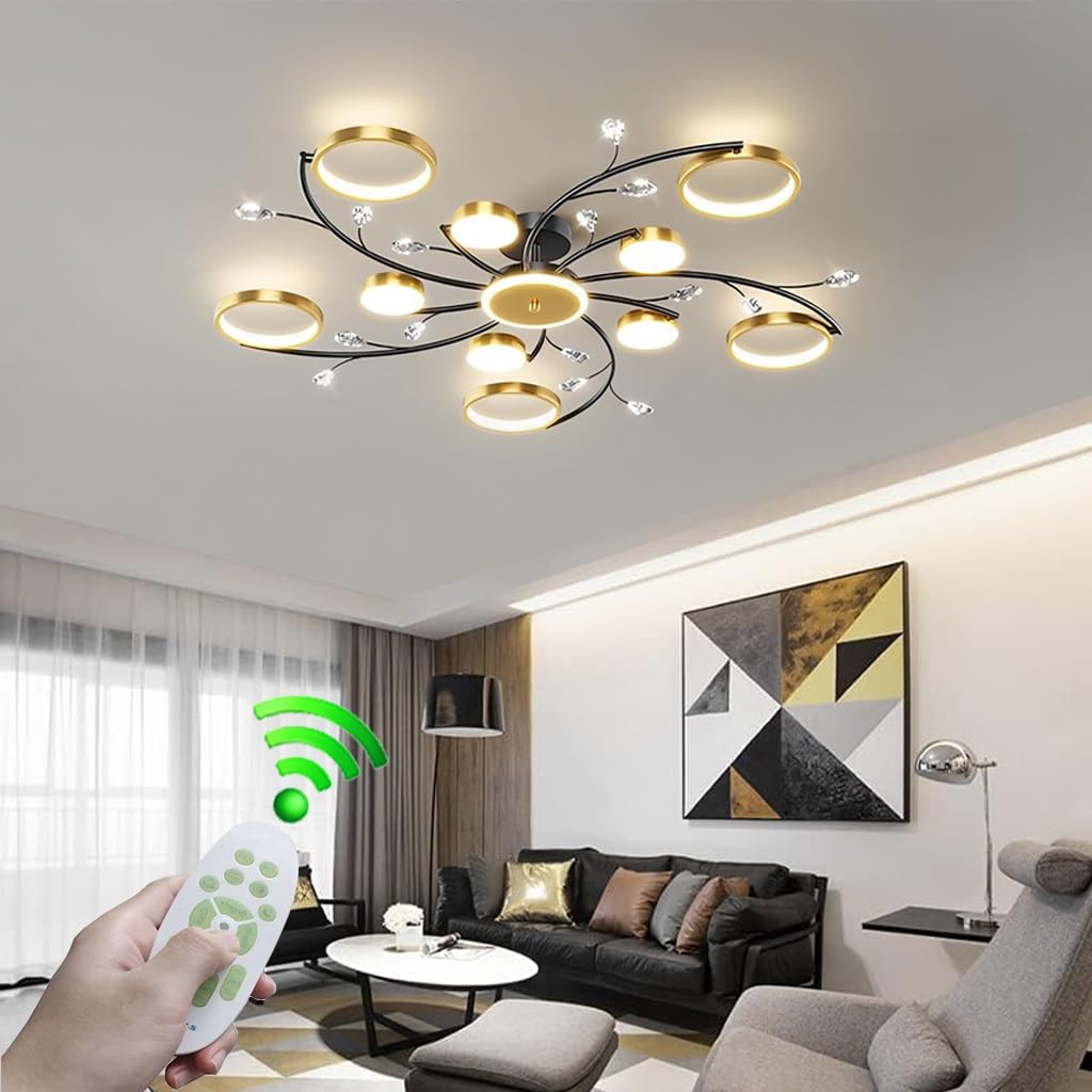 LYSDjia LED living room aluminum ceiling lamp modern with remote control dimmable crystal creative 110W ceiling Light acrylic lampshade Chandelier suitable for restaurant office bedroom lamp(10+1light