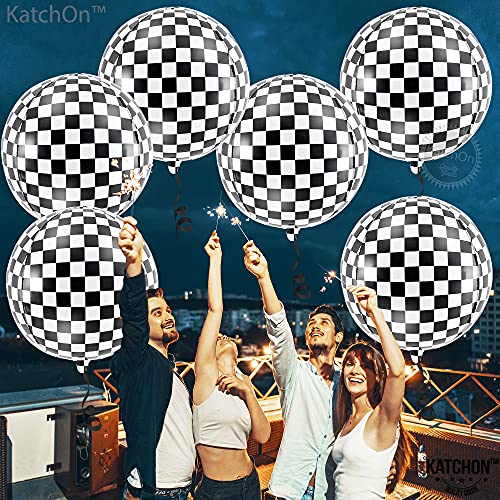 Katchon, Black And White Checkered Balloons - 22 Inch, Pack Of 6 | Large 360 Degree 4D Round Race Car Balloons For Birthday | Checkered Flag Party Supplies | Checkered Flag Balloons | Racing Balloons #TOP6
