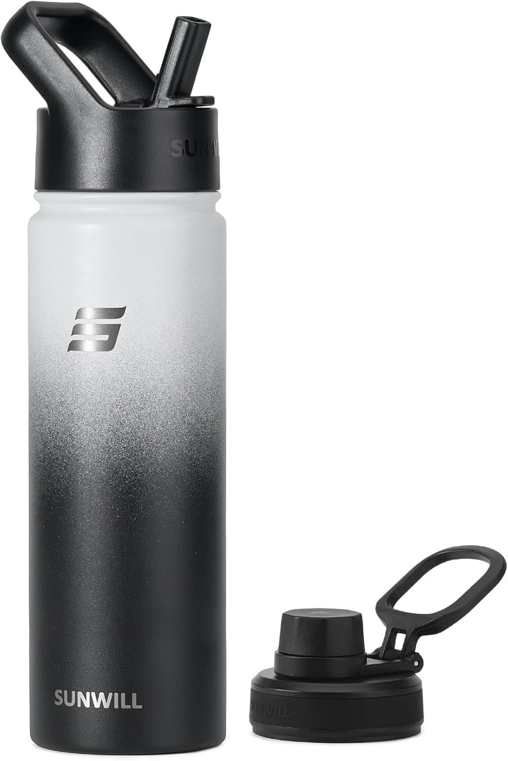 SUNWILL Stainless Steel Water Bottle with Straw, 650ml Insulated Water Bottle Metal, Leakproof Water Flask for Gym & Travel, Gradiant Black White