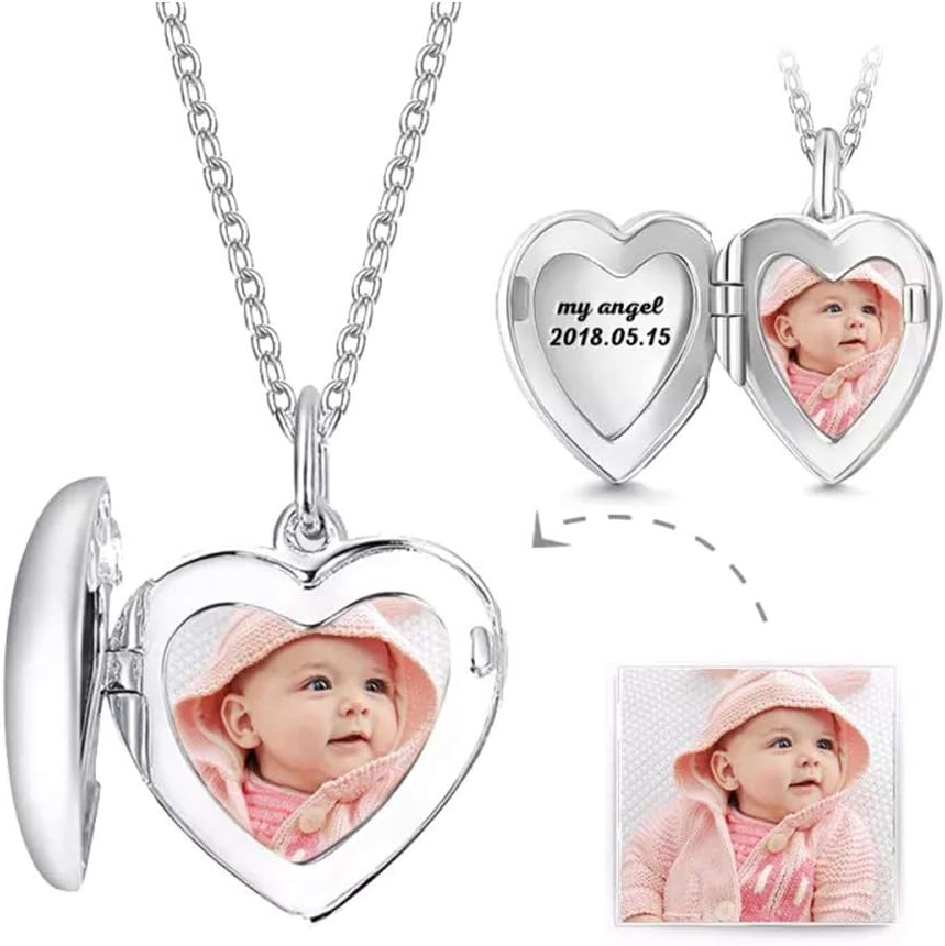 Sahaa Personalized Heart Locket Picture Necklace 925 Sterling Silver Custom Photo Lockets
