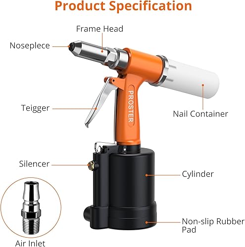 Miniatura 4 de Proster Remachadora hidráulica neumática de aire 0.094-0.189 in 316 "332" 18" 532" capacidad pop remachador pistola 500PCS remache