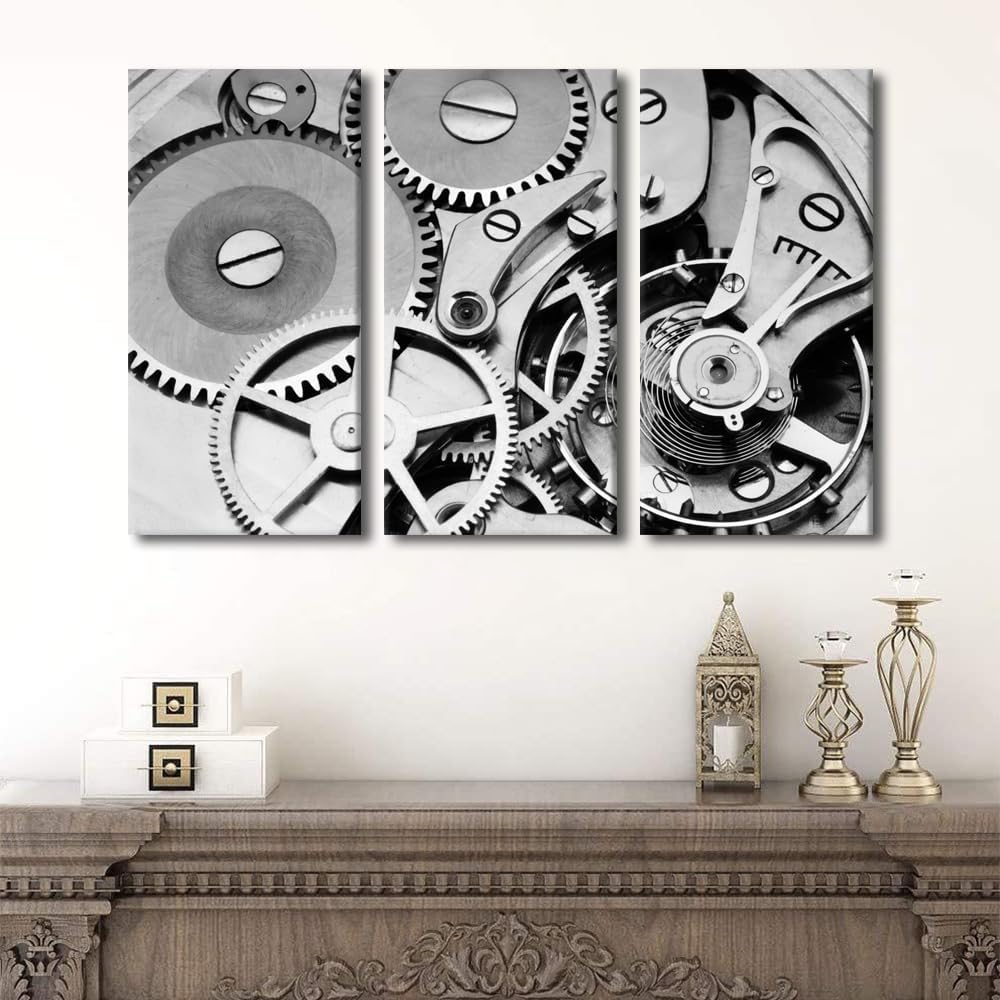 Retro Style Painting 3 Piece Canvas Wall Art Pocket Watch Pictures for Living Room Mechanical Watch Close up Artwork Modern House Decorations Framed Posters Prints Gift Ready to Hang 40"Wx60"H