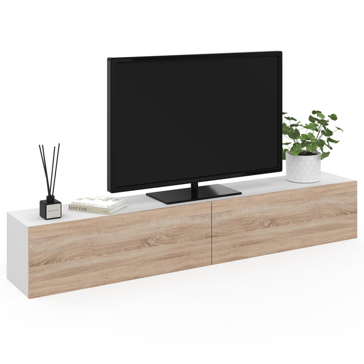 IDMarket - Mueble TV suspendido ELIO 2 puertas blanco y madera 180 cm
