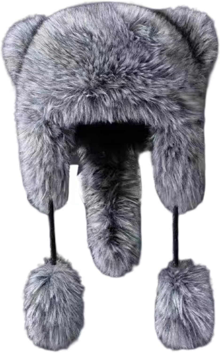 Luxury Faux Fur Winter Trapper Hat with Pom Poms, Gray, Warm Ear Flaps