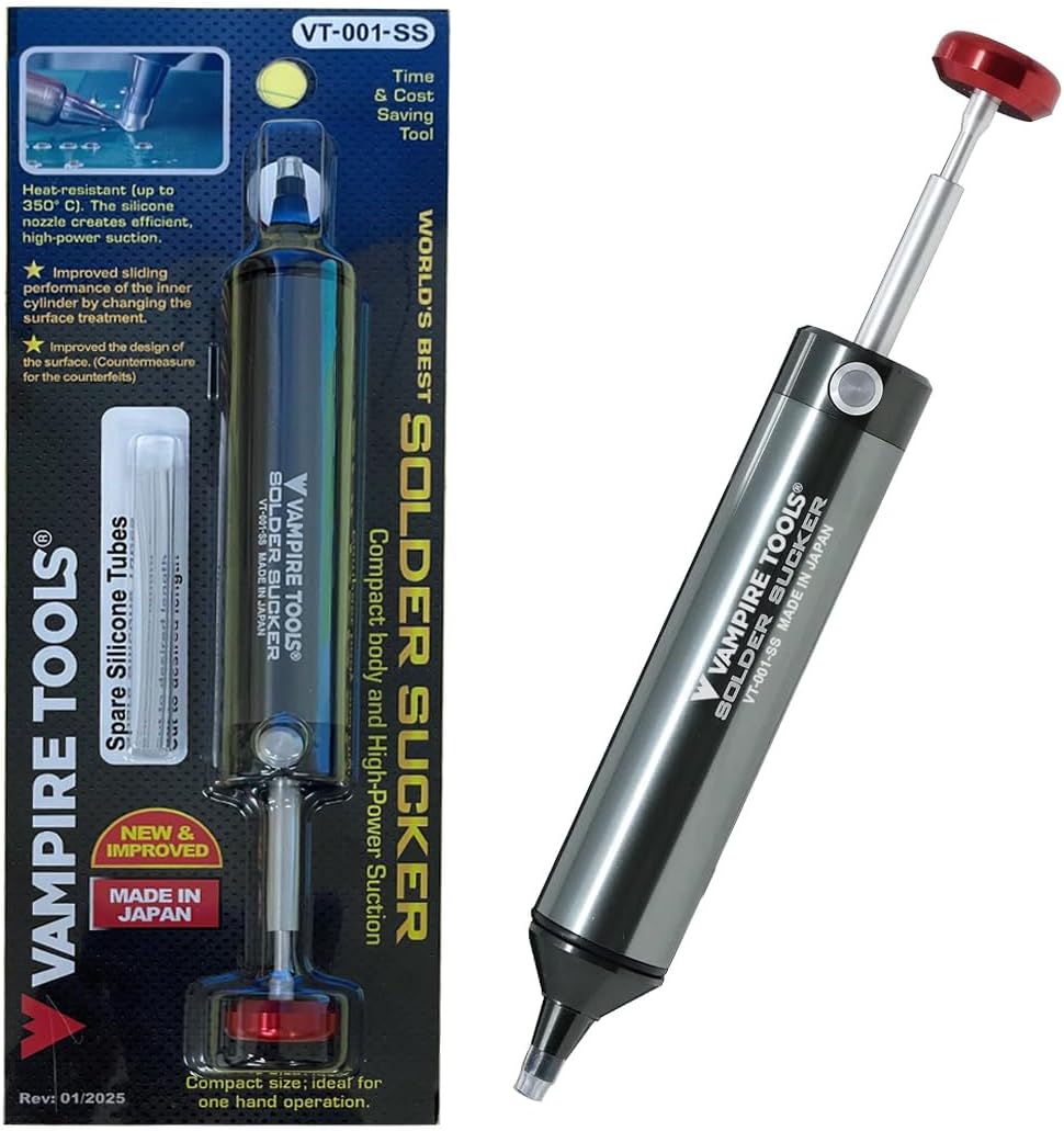 Vampire Tools Solder Sucker: Non Clogging Heavy-Duty Aluminum Body Desoldering Pump with Heat Resistance Silicone Nozzle (max. 350℃), High-Power Suction + Spare Silicone Tube. Made in Japan.