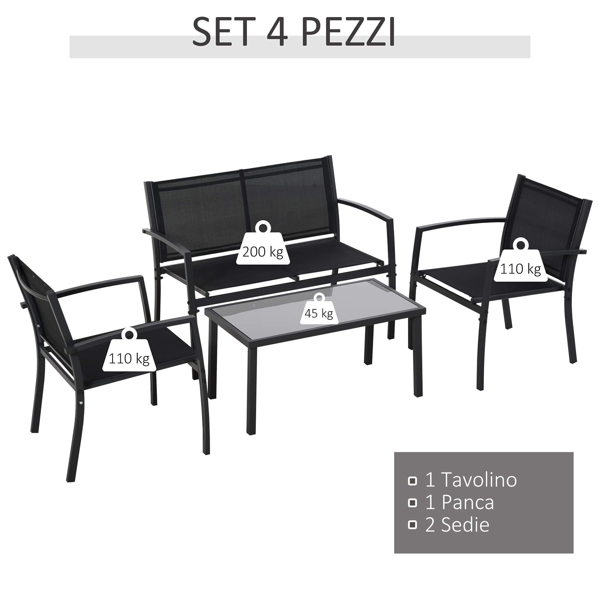 Outsunny Salotto da Esterno, Set 4 Pezzi con 1 Tavolino, 2 Sedie da Giardino e 1 Panca in Metallo, Nero