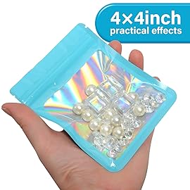EONJOE 100-pack 44 inch mylar bags with clear window holographic resealable sealable packaging zip bag for small bussiness jewelry candy sample food packing supplies Blue