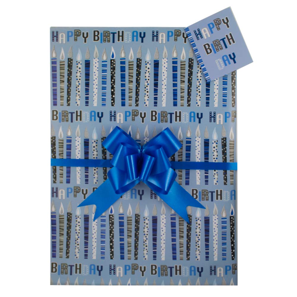 Blue Candles Happy Birthday Gift Wrap Pack, 2 Wrapping Paper Sheets, 2 Matching Tags and 2 Royal Blue Pull Bows, Arrives in an A4 Boarded Envelope for Protection,