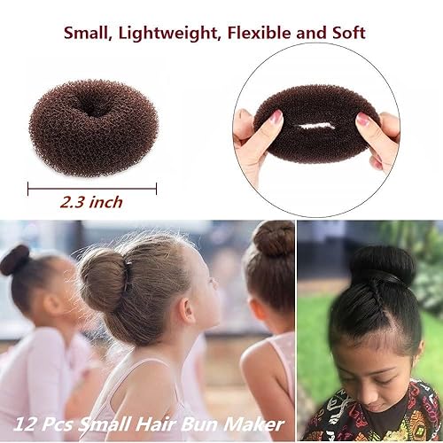 Miniatura 2 de SQULIGT 12 piezas de moños pequeños para el cabello, juego de donas pequeñas para el cabello para niños, niñas y mujeres, herramienta para hacer