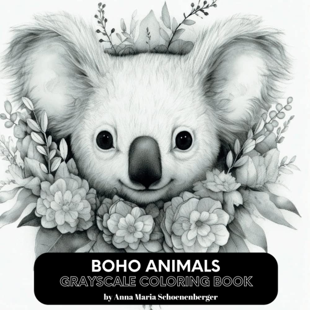 BOHO ANIMALS Grayscale Coloring Book