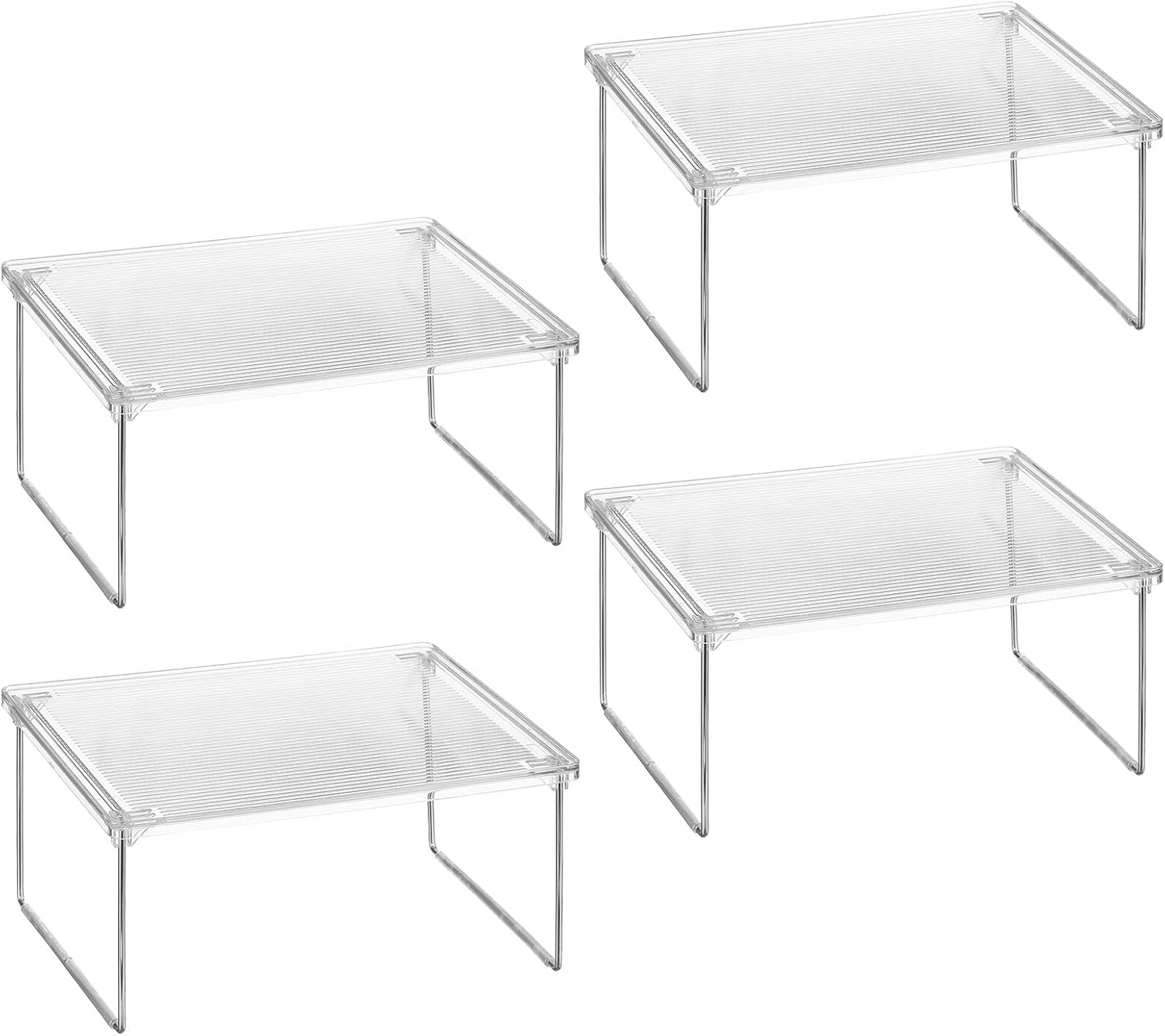 mDesign Metal Stacking Storage Organization for Shelves Inside Cabinets in Kitchen, Pantry, Cupboard, Fridge/Freezer - Organizer Stand for Plates, Bowls, Mugs, Ligne Collection, 4 Pack, Clear/Chrome